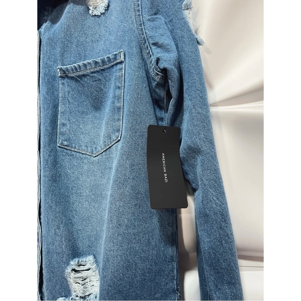 American Bazi Sz M Long Tunic Distressed Ripped Denim Duster Jacket NEW - Picture 6 of 9
